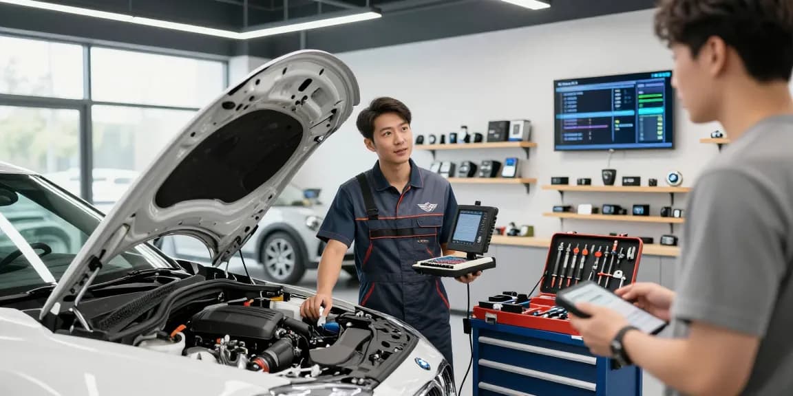 Professionelle BMW Werkstatt Hannover mit Techniker, der Diagnosegeräte nutzt