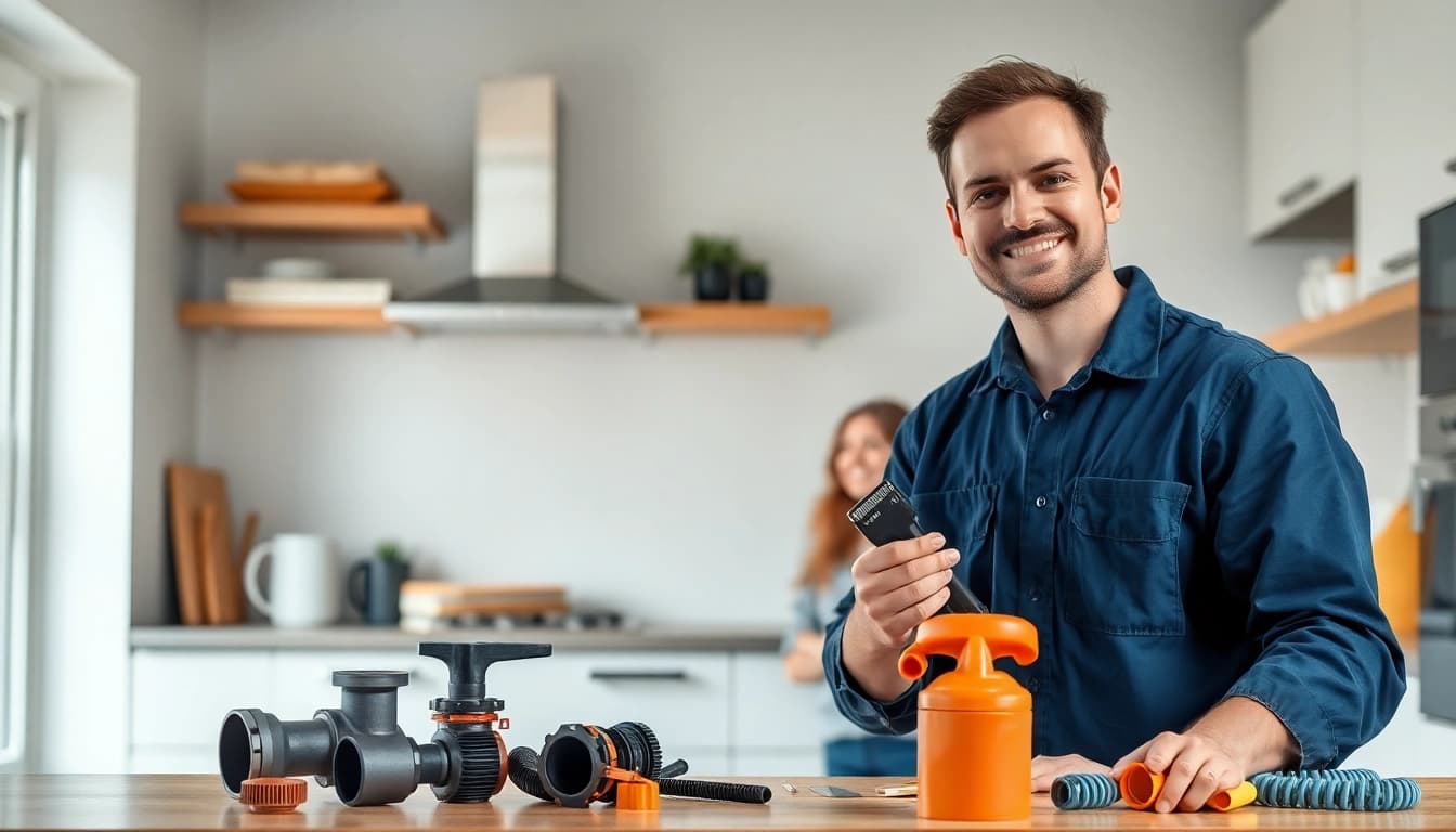 Techniker des Sanitär Notdienstes, der in einer modernen Küche eine Notfallreparatur durchführt.