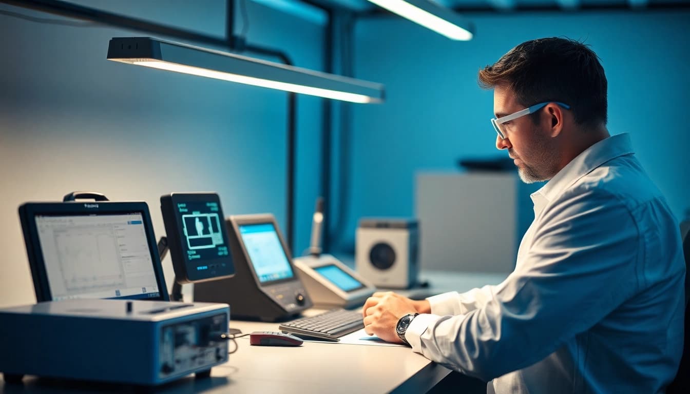 Techniker führt eine Geräteprüfung durch, überprüft elektrische Geräte sorgfältig auf Funktionalität und Sicherheit.