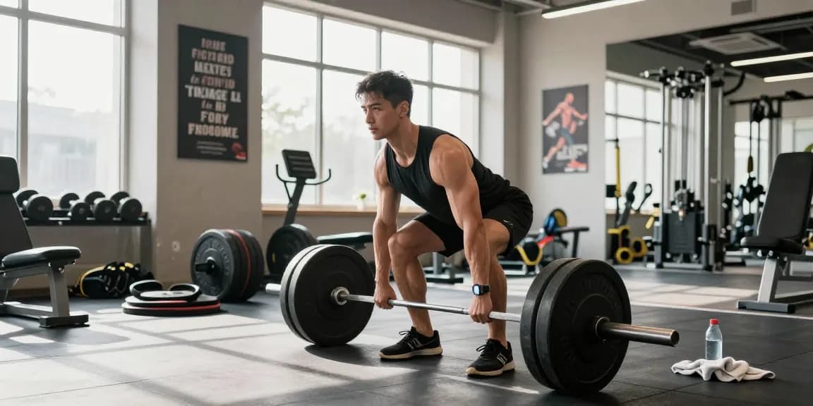 Anabolika Shop Deutschland zeigt einen athletischen männlichen Bodybuilder, der Kreuzheben in einem gut ausgestatteten Fitnessstudio ausführt und damit das Krafttraining betont.