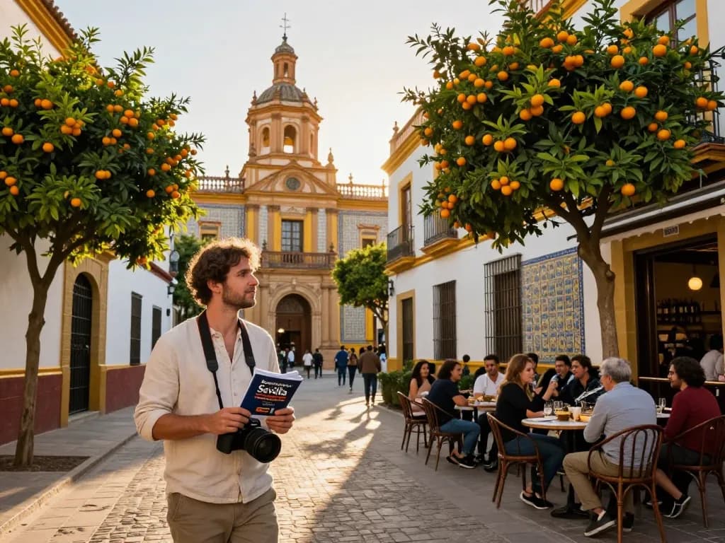Reisetipps Sevilla Reiseführer, gehalten von einem Reisenden im lebhaften Stadtteil Santa Cruz.