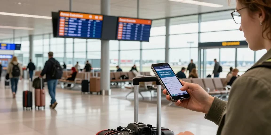 Shuttle Service Frankfurt, passenger booking airport shuttle in busy terminal.