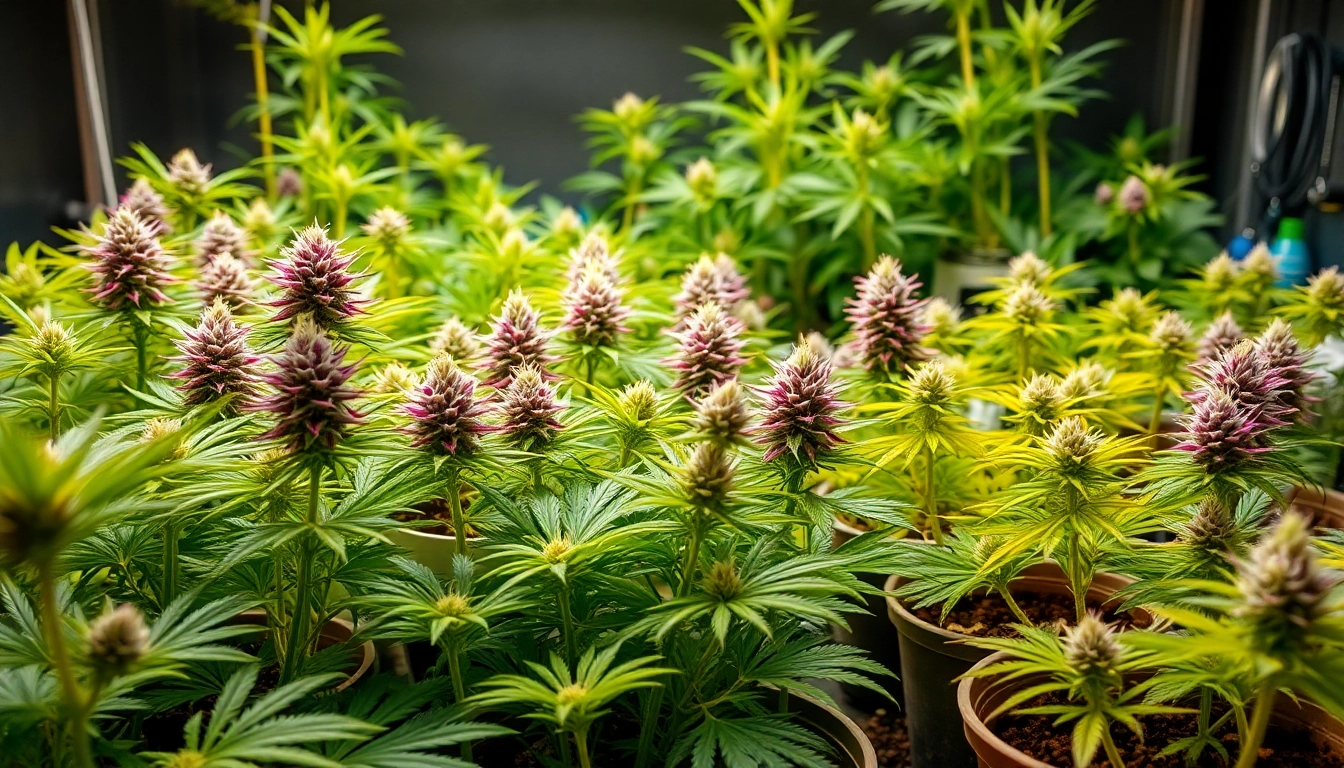 Explore healthy autoflower seeds thriving in an indoor garden, showcasing diverse strains and vibrant colors.