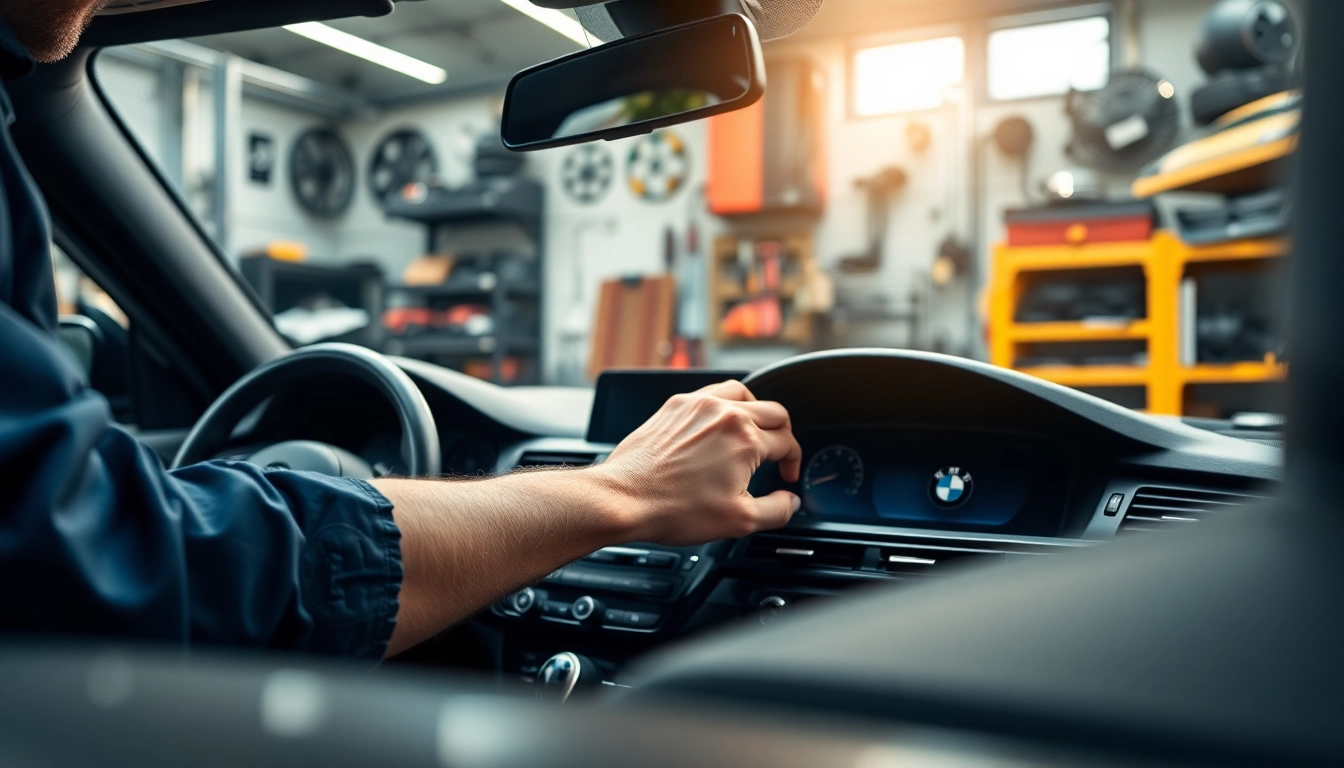 Technician performing BMW Nachrüstung with advanced tools in a modern workshop.