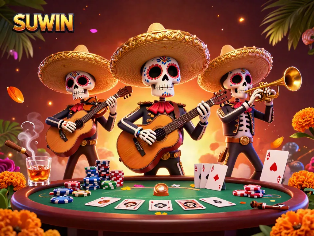 Suwin brings gamers excitement by showcasing vibrant poker scenes with mariachis, chips, and cards