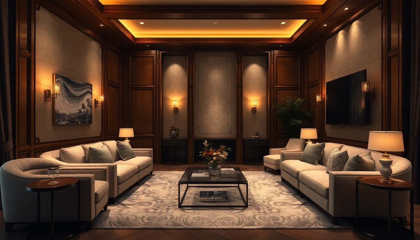 Luxury living room with elegant furniture and warm lighting, showcasing comfort and opulence.