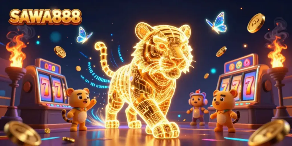 SAWA888 slot gaming adventure featuring a golden tiger in a mesmerizing digital casino atmosphere.