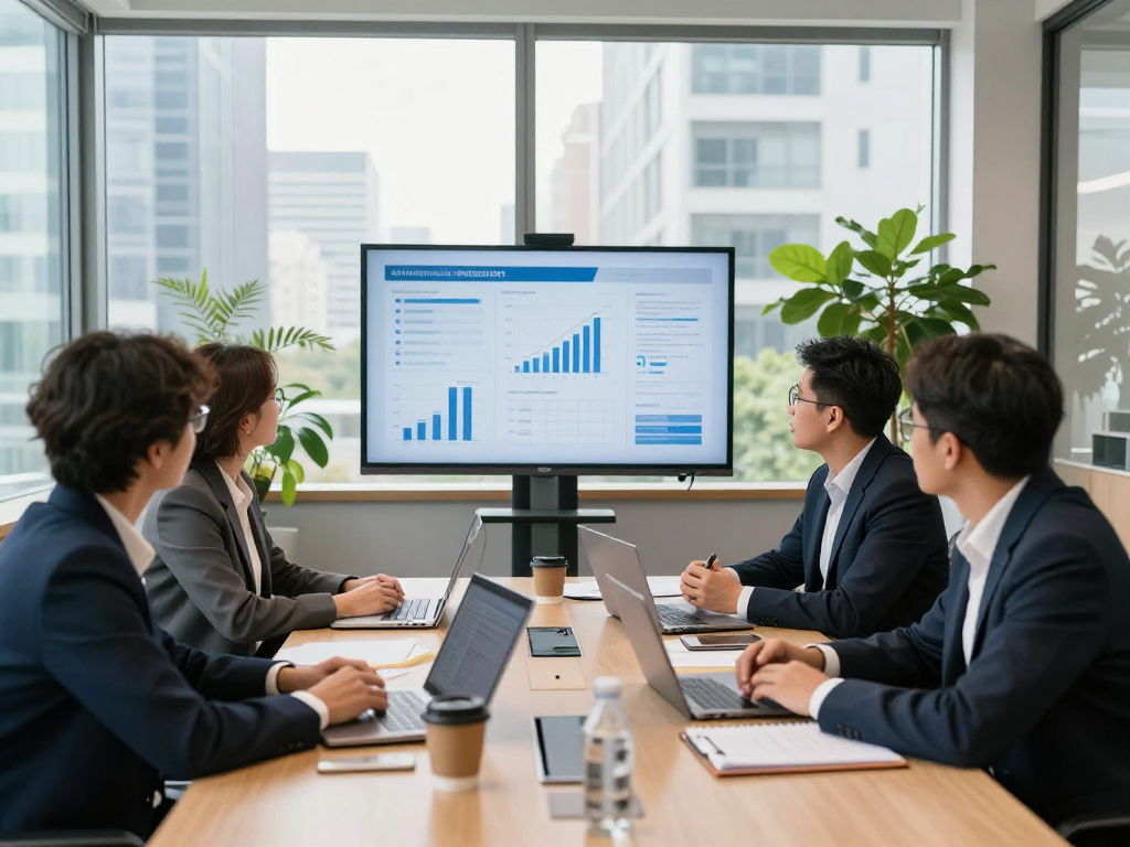 Dynamic team meeting scene focused on data presentation in a business consulting office, highlighting the Startseite of expert solutions.