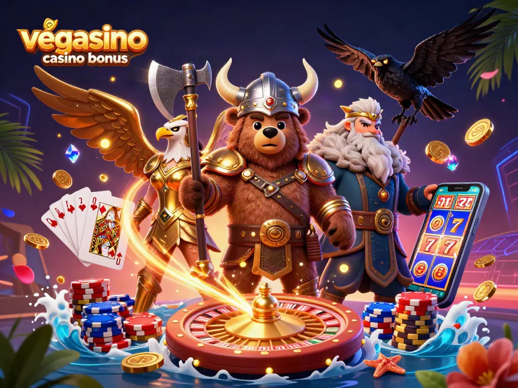 Win big with the Vegasino casino bonus featuring vibrant 3D Viking characters and dynamic casino elements.