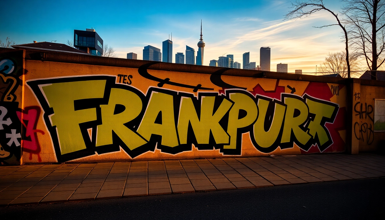 Entdecke beeindruckendes Graffiti Frankfurt bei Sonnenuntergang, das die Stadt zum Leben erweckt.