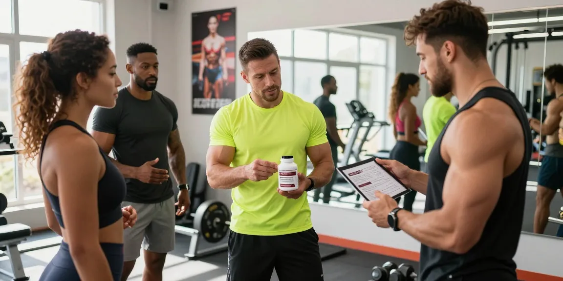 Engaged athletes at Anabolika Shop discussing anabolic steroids in a modern gym environment.