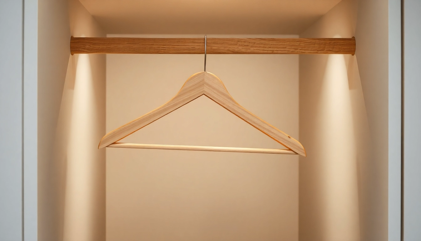Kleiderbügel aus Holz, präsentiert in stilvollem Setting, ideal für moderne Garderoben.