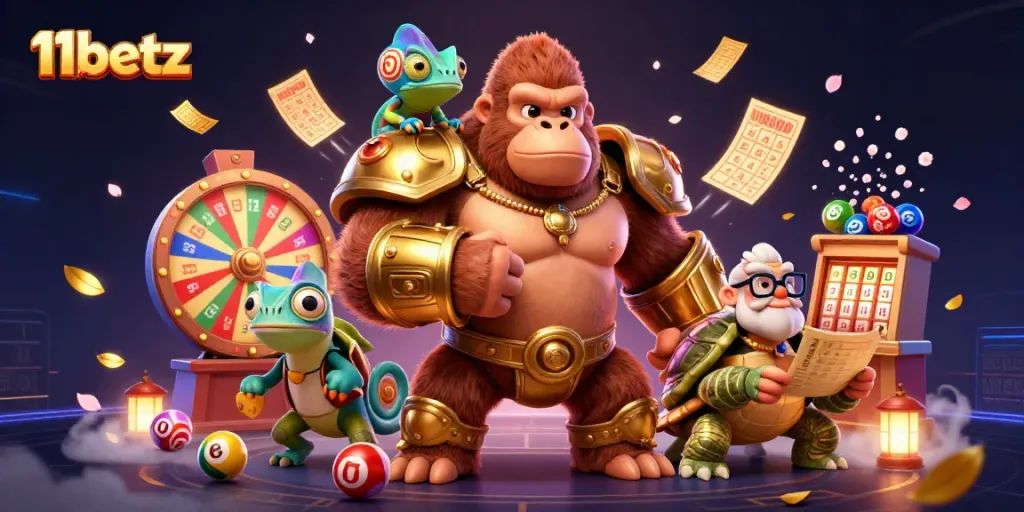 Engage with 11betzz lottery excitement through a vibrant 3D illustration featuring dynamic game elements.