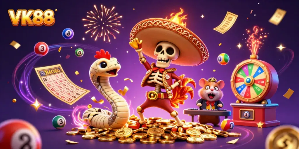 Celebrate with VK88 as the mariachi rooster dances among lottery elements and treasures in a vibrant casino scene.