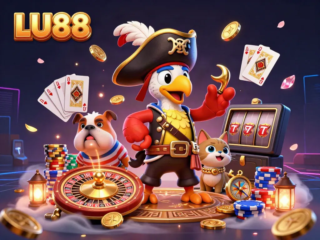LU88 pirate captain parrot leading a vibrant casino scene with gold coins, roulette wheel, and poker chips.