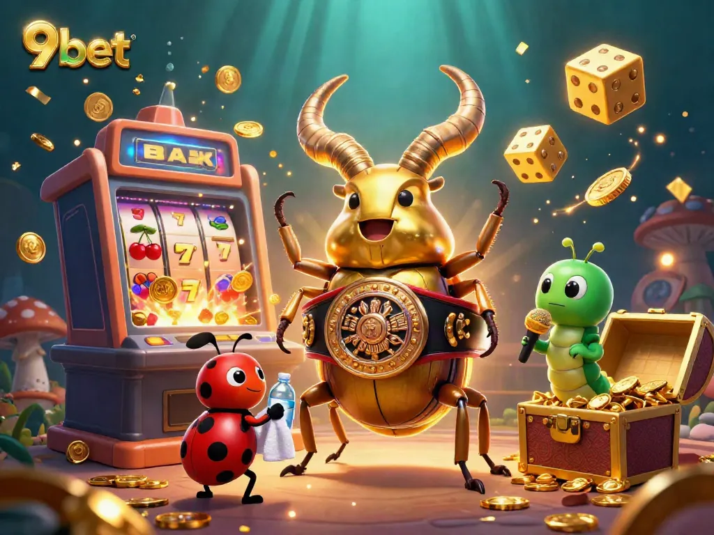 Win big with 9bet at the colorful casino featuring a battling beetle in a lively 3D illustration.