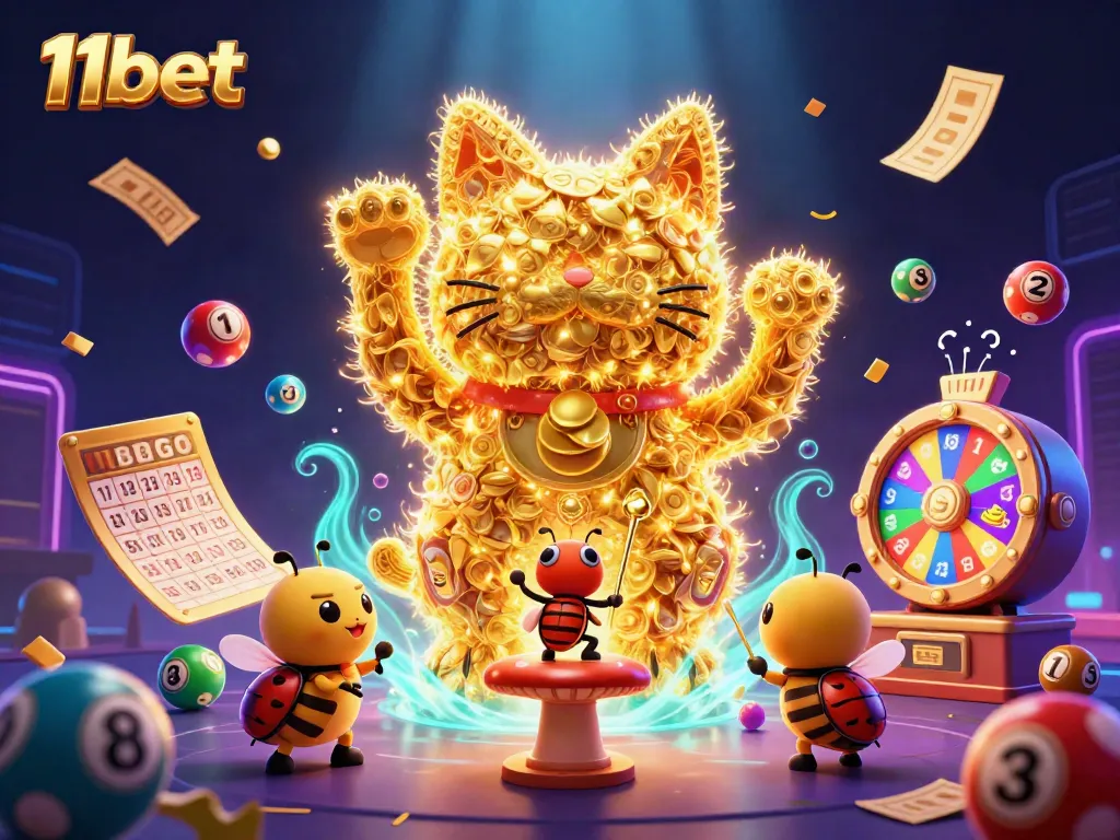 Experience the thrill of winning with 11bet's dynamic lottery scene featuring a lucky cat.