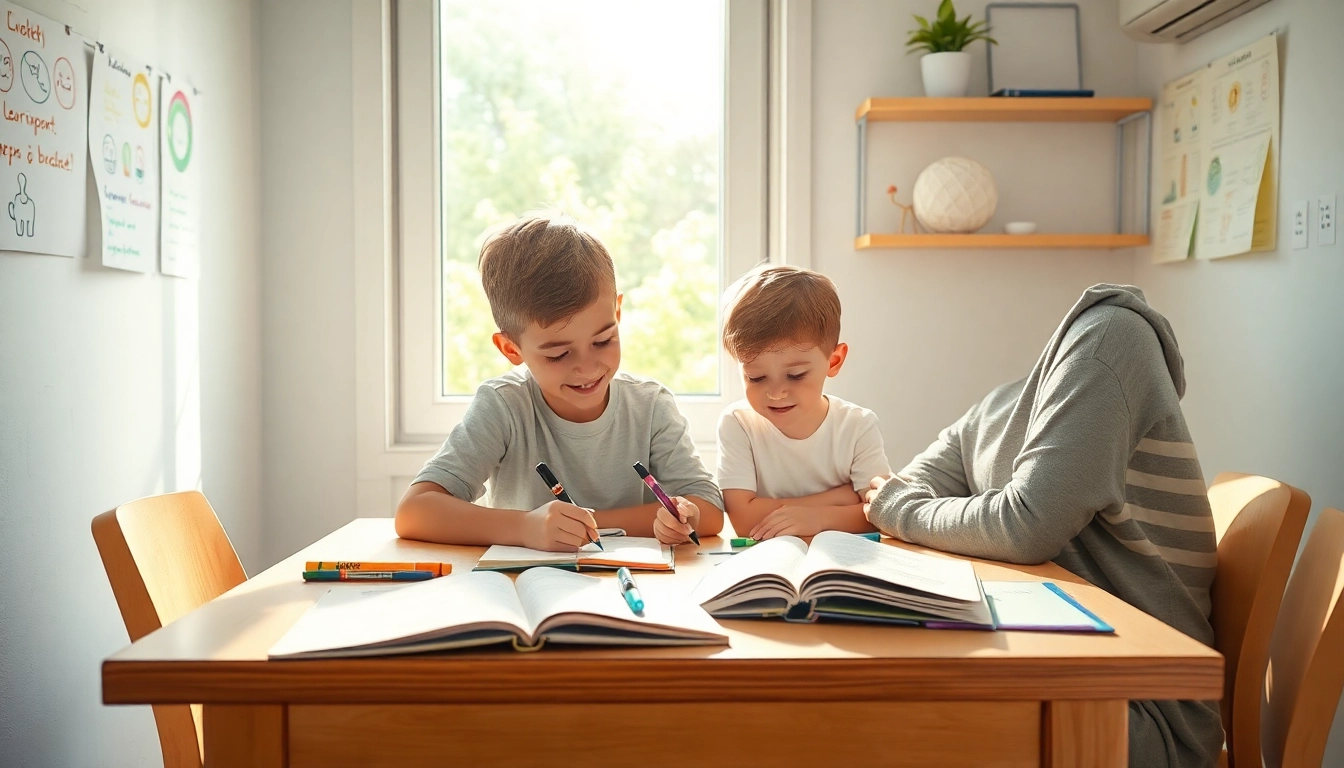 Kind lernt mit Elternteil im heimischen Unterrichtsstil, umgeben von Bücher und Lernmaterialien