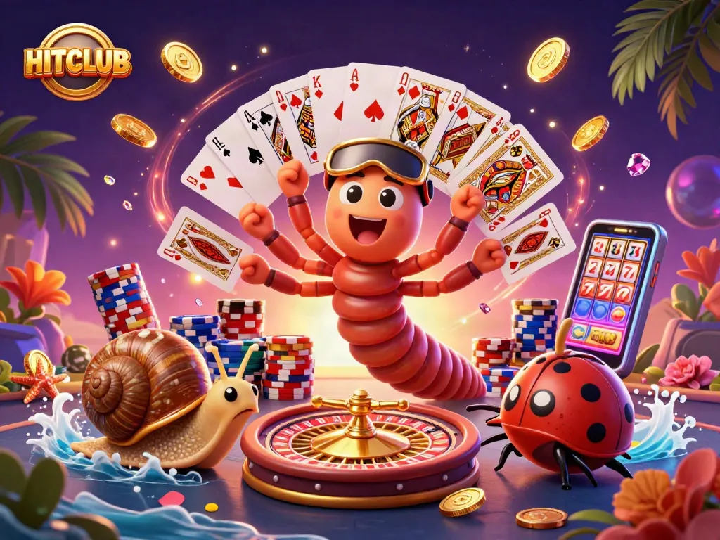 Engage with HITCLUB's vibrant casino experience featuring games, excitement, and colorful characters.