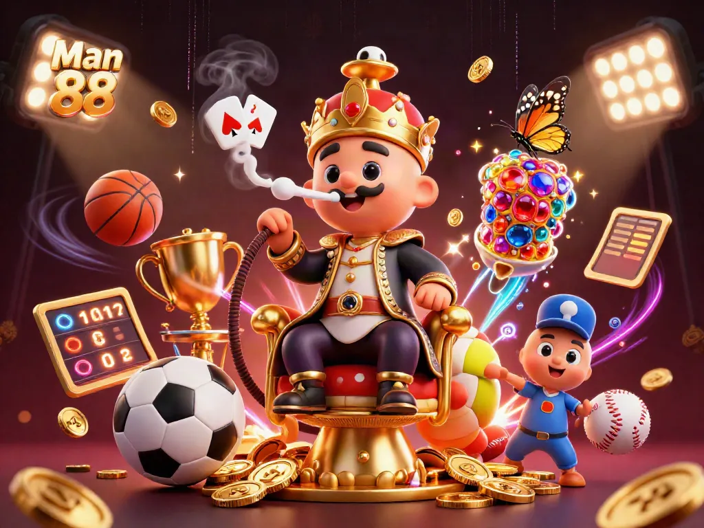 Engage with exciting sports betting elements at Man 88, featuring vibrant 3D illustrations.