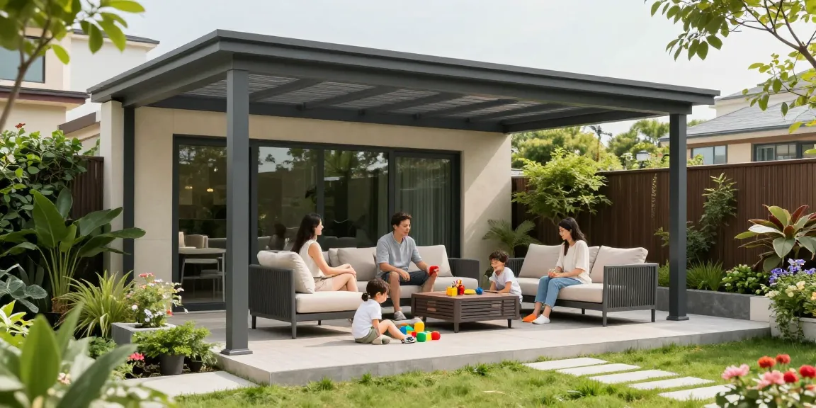 Freistehende Terrassenüberdachung in einem modernen Garten mit spielenden Kindern und stilvollen Möbeln.