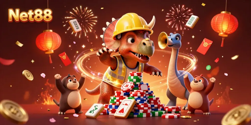 Experience thrilling wins at Net88 with a 3D triceratops and parasaurolophus celebrating a jackpot.