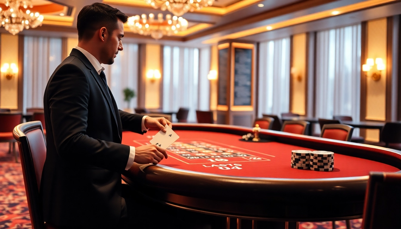 Spiele im Casino ohne Limit mit luxuriösem Ambiente und einem Spieler am Tisch.