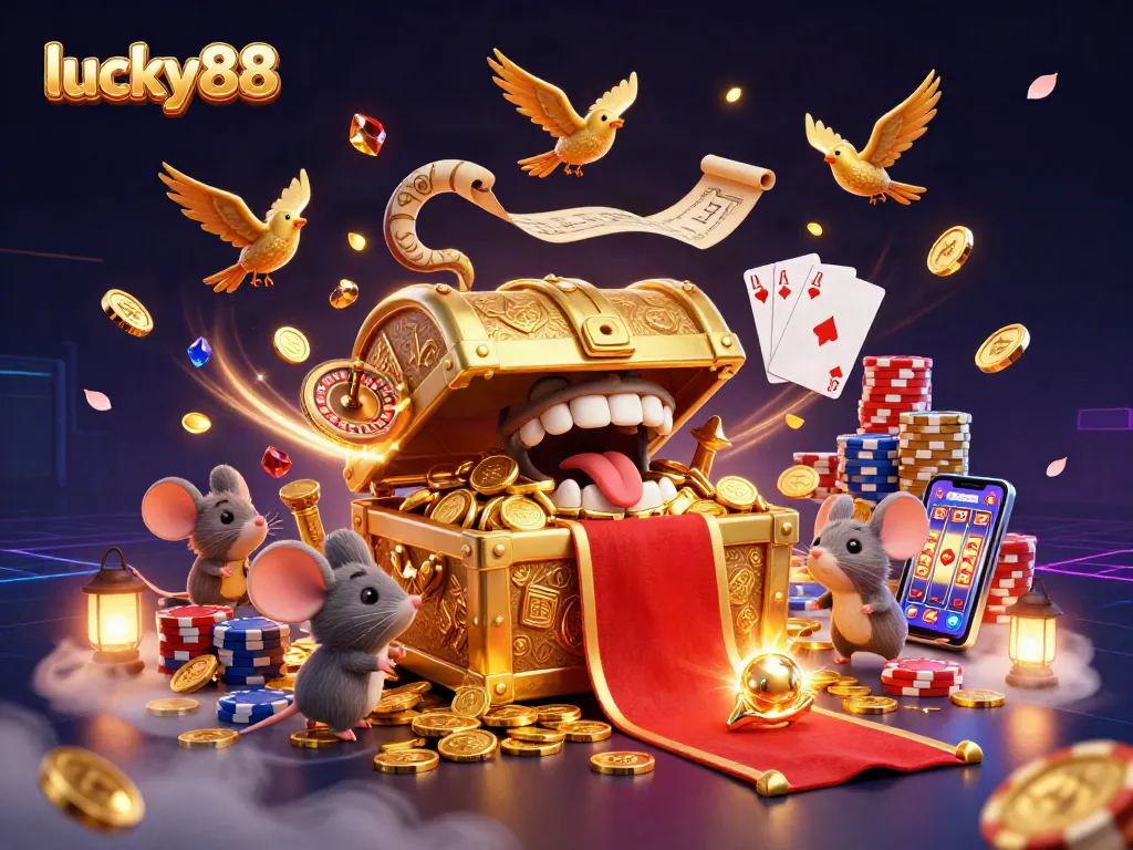 Experience the exciting world of lucky88 with adventurous mice and golden treasures amidst cascading coins and a 3D roulette wheel.
