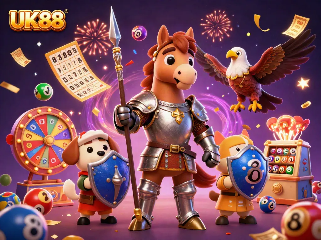 Experience the excitement of UK88 with animated knights and lottery elements in a vibrant casino setting.