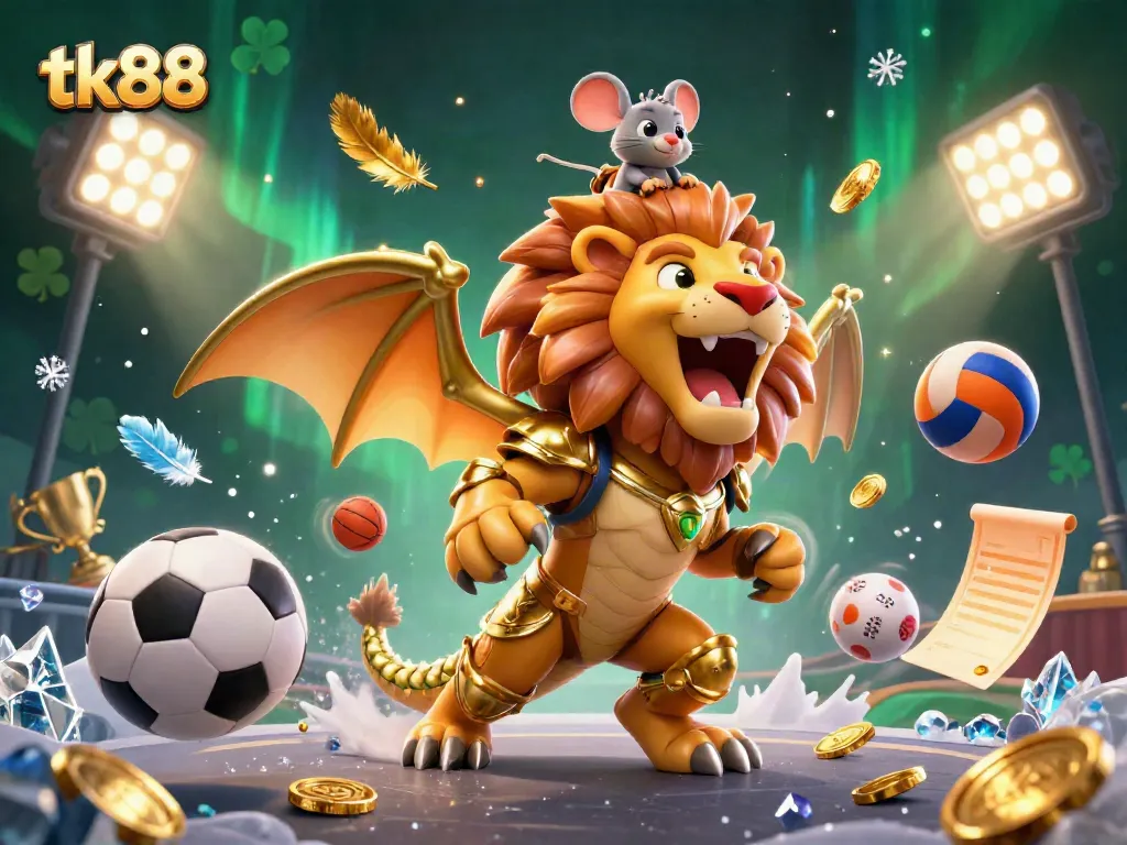 Engage in thrilling action with tk88's dazzling gaming scene featuring a triumphant chimera and sports elements.