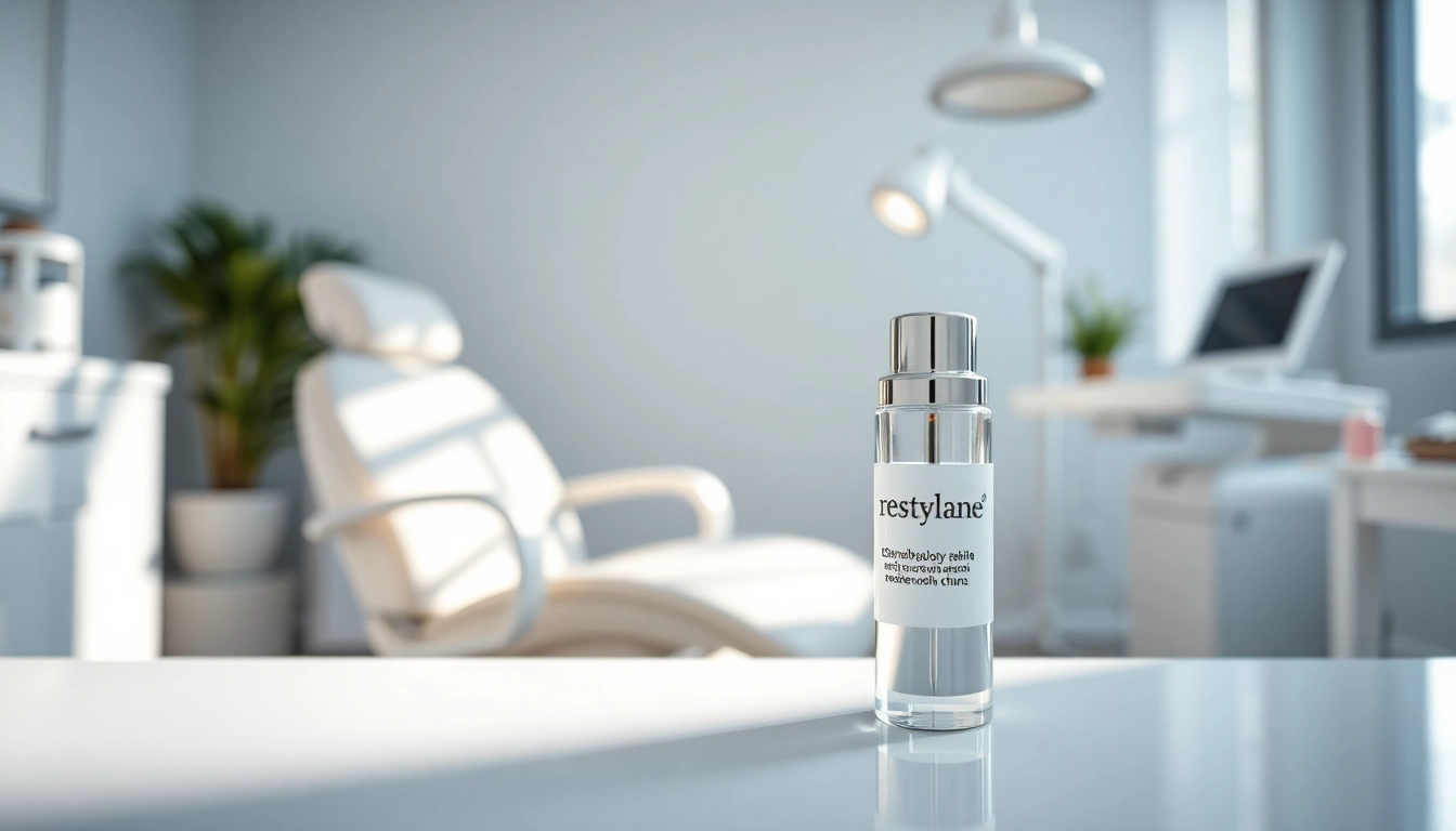Das restylane-Vial auf einem Behandlungstisch in einer professionellen Dermatologie-Praxis.