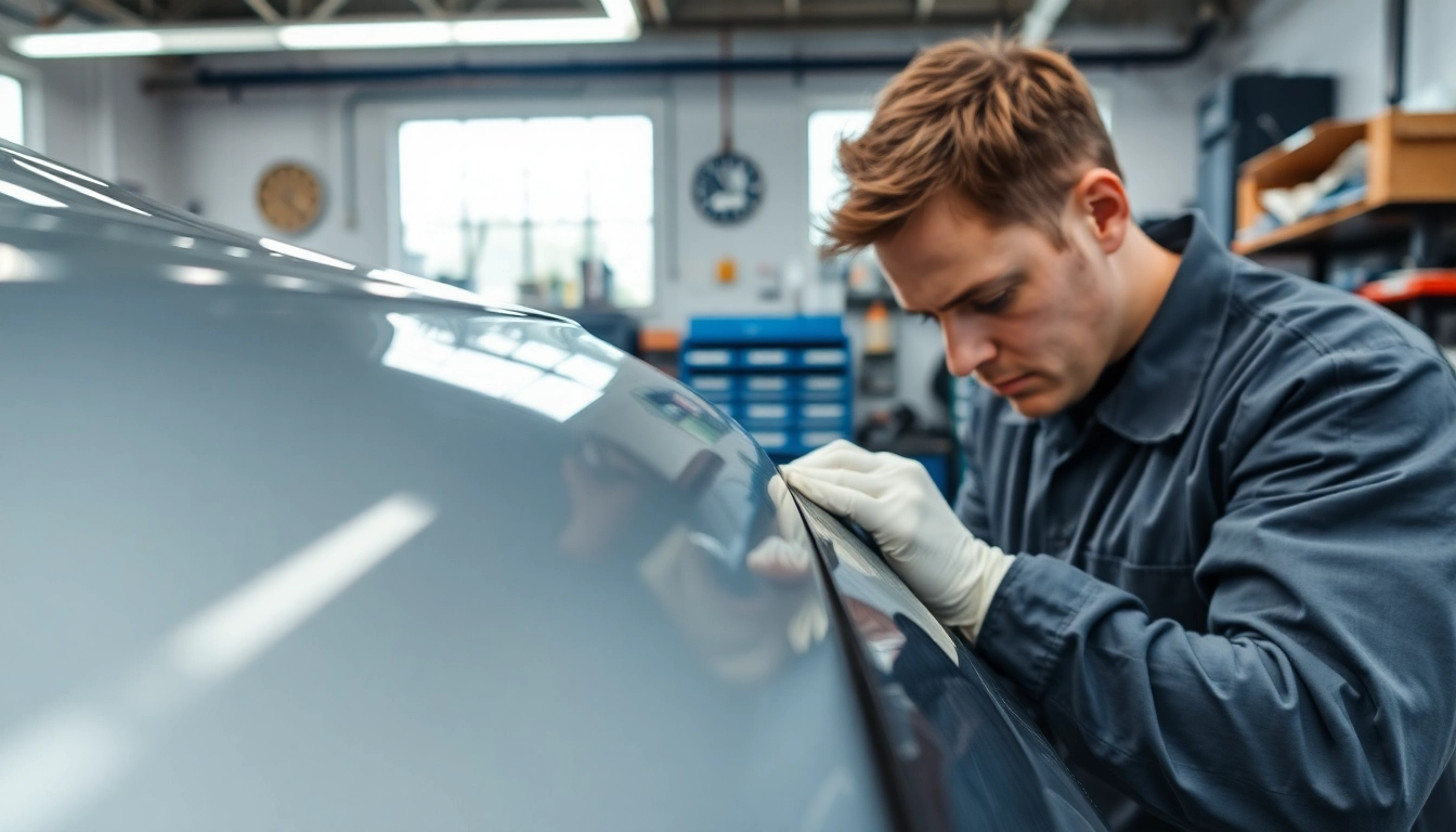 Kratzer Reparatur Auto München im Autohaus mit einem Techniker, der sorgfältig einen Kratzer beseitigt.