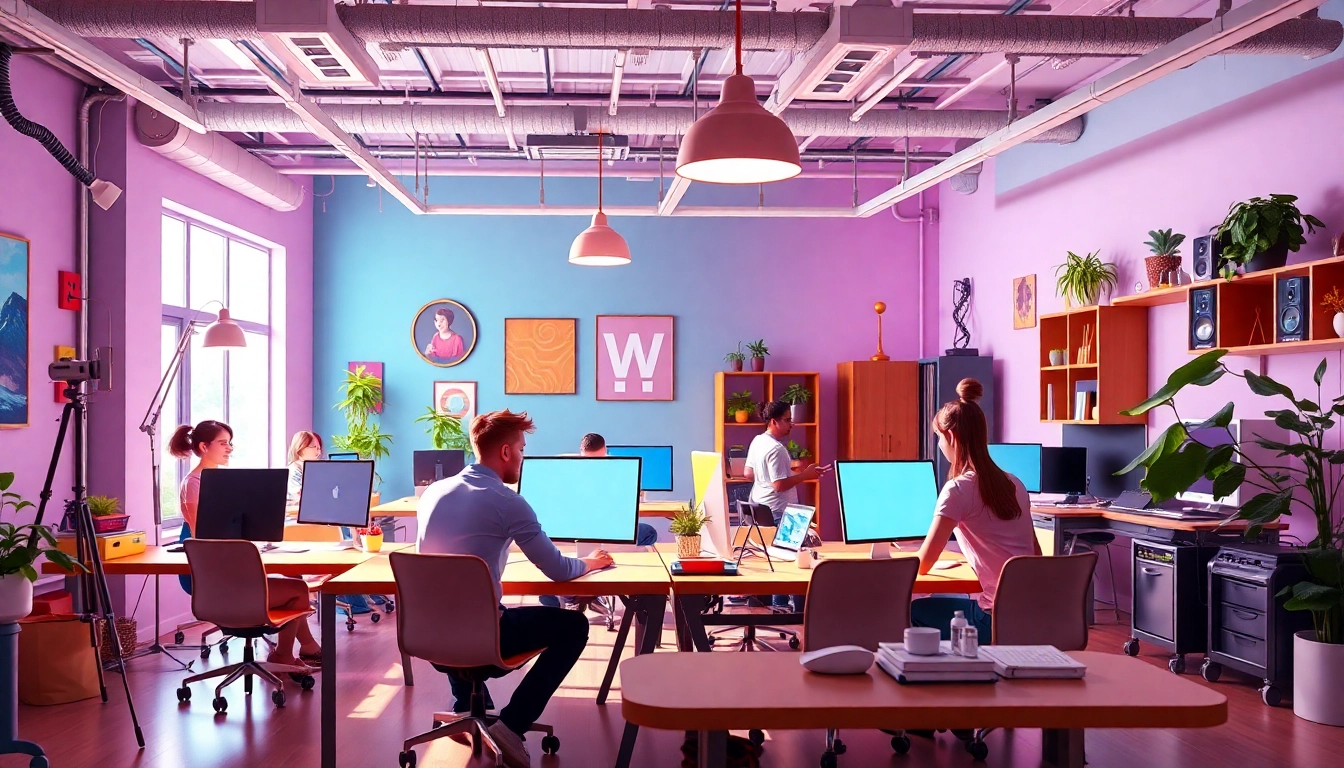 Creative team collaborating in an Animation Agency workspace, showcasing vibrant colors and modern design.