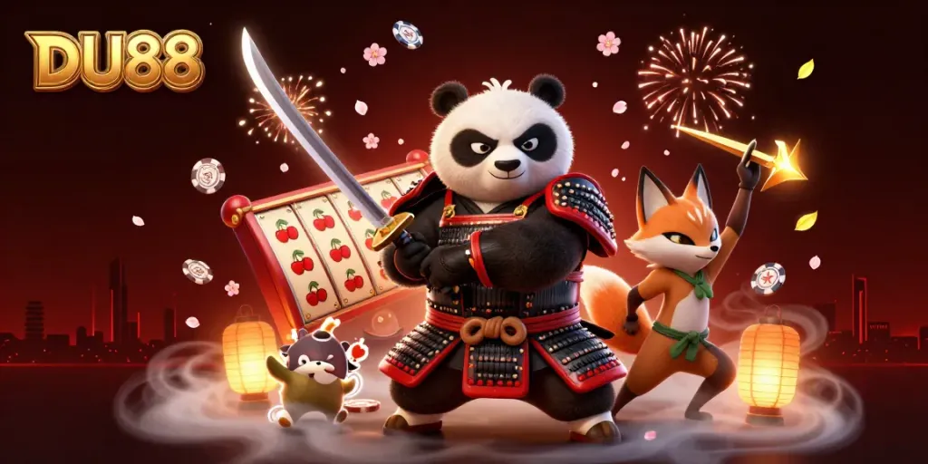 Experience dynamic gaming at DU88 with a fierce samurai panda and casino elements in a vibrant scene.
