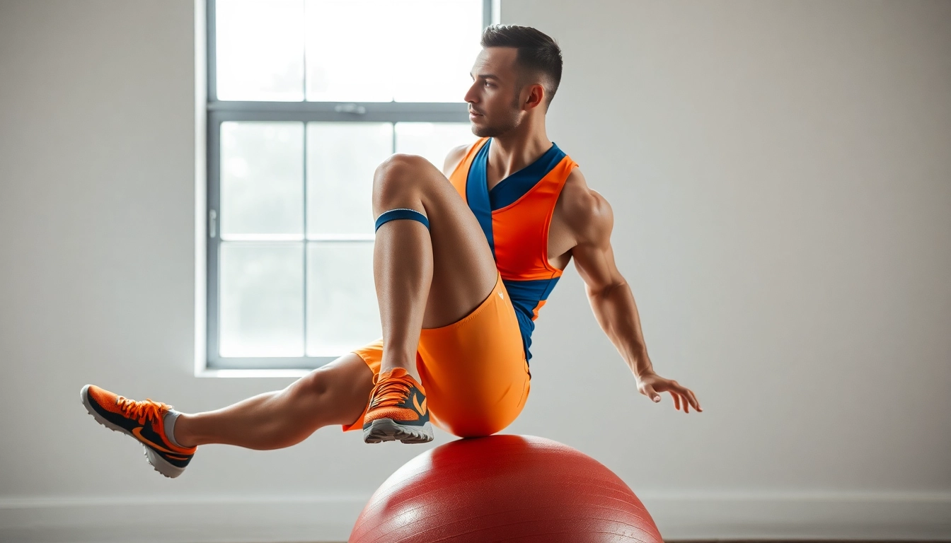 Sportler balanciert mit kniebandage auf einem Gymnastikball für optimale Stabilität.