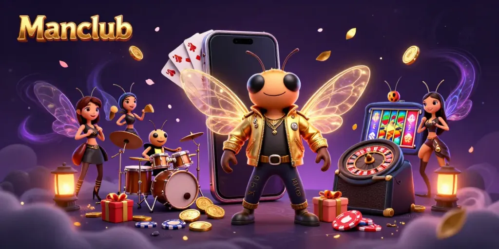 Experience the excitement of Manclub with a vibrant 3D casino illustration showcasing a rock star cicada and dynamic gaming elements.