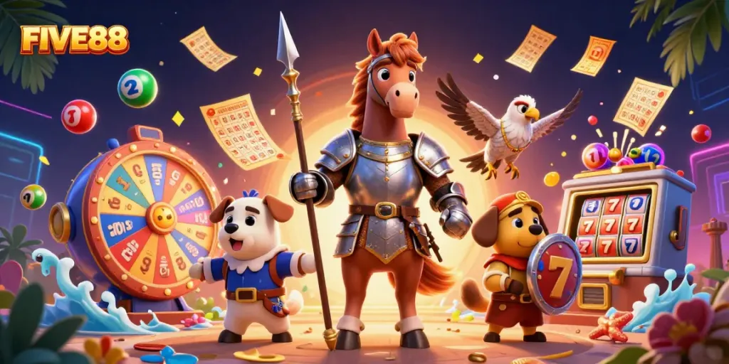 Engage in the thrilling atmosphere of FIVE88's casino with vibrant game elements and charming characters.