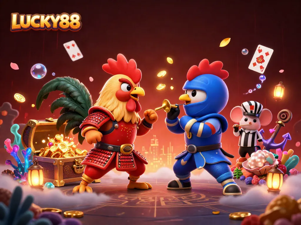 LUCKY88 showcases a vibrant 3D battle featuring samurai and ninja roosters with gold coins and glowing gems.