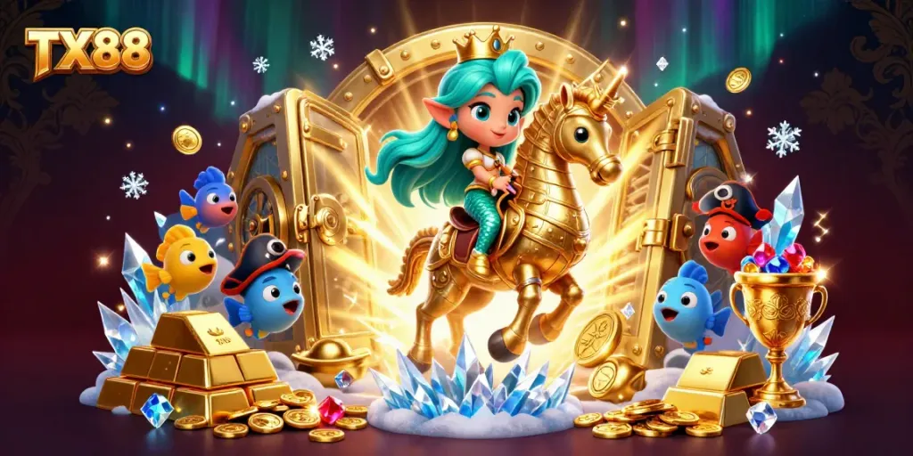 Experience the thrill of winning at TX88 with a vibrant casino scene featuring a mermaid princess and treasures.