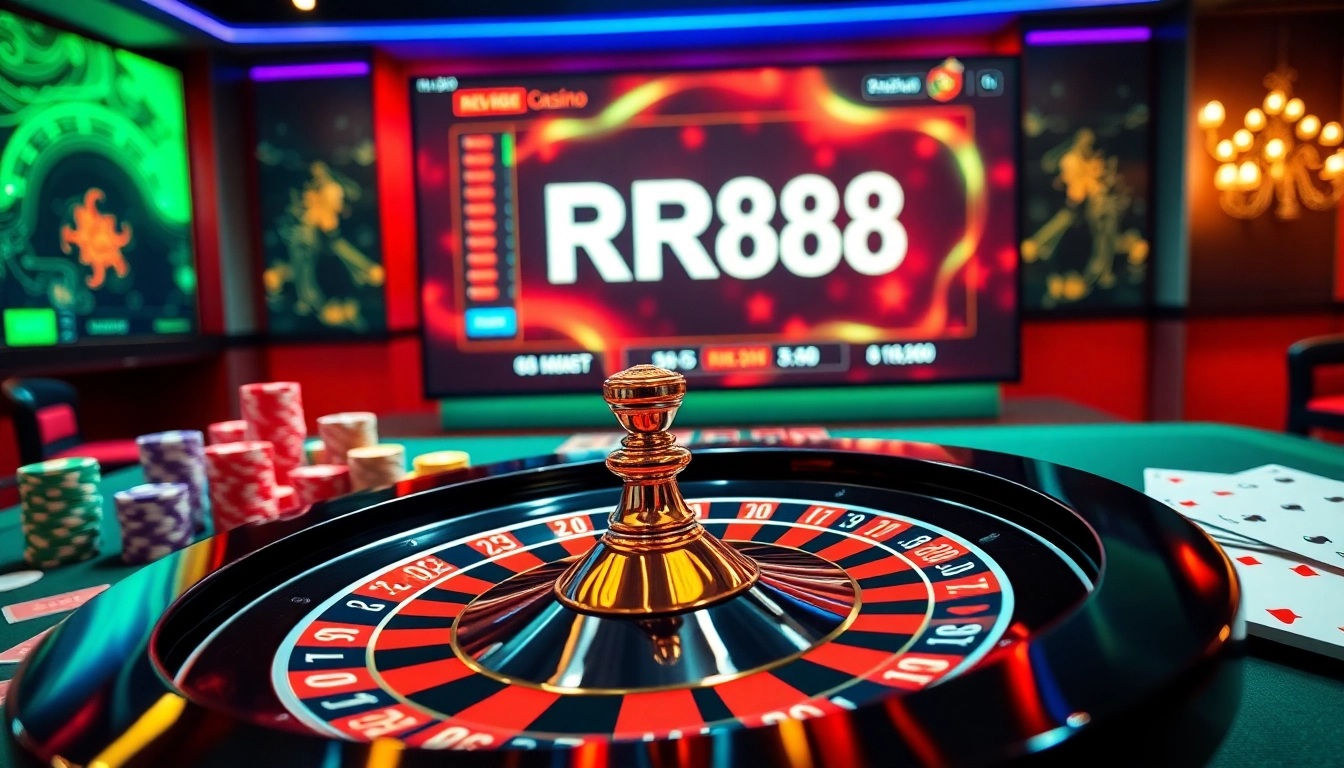 Experience the thrill of RR88 with vibrant casino elements like poker chips and roulette wheels.