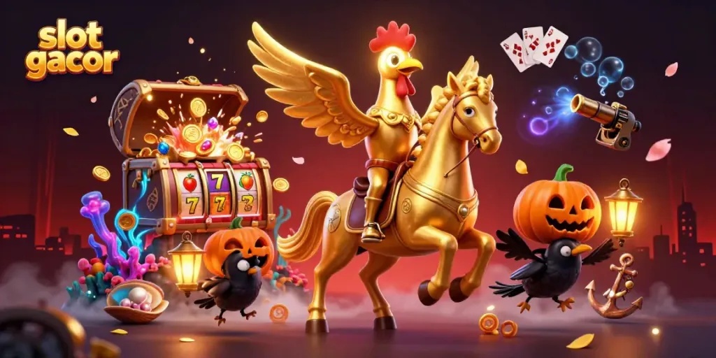 Experience the excitement of slot gacor with a captivating cartoon scene featuring golden rooster characters and casino elements.