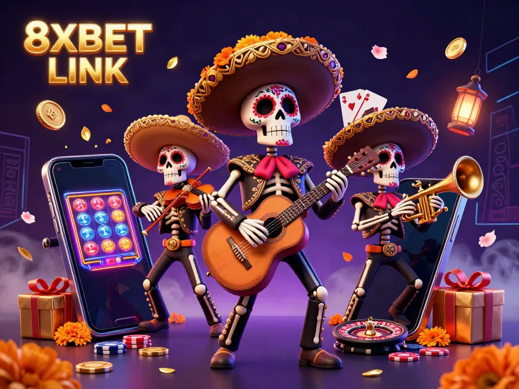 Engage with exciting games at 8XBET LINK featuring a mariachi band and vibrant casino elements.