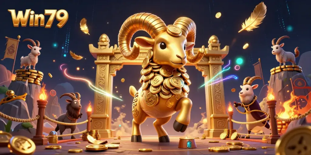Win79 powerfully engages players in a vibrant casino scene with a golden ram and dynamic game elements.