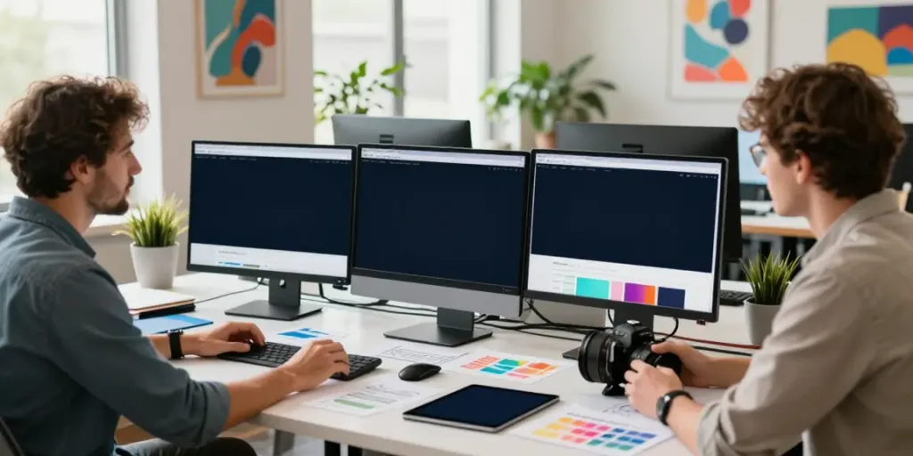 Webdesign Saarland: Kreatives Team in modernem Studio mit Website-Layouts und Design-Ideen.