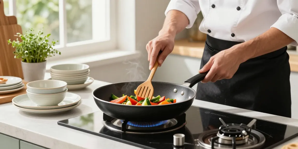 Kochen mit einer PTFE-freien Pfanne in einer hellen, einladenden Küche