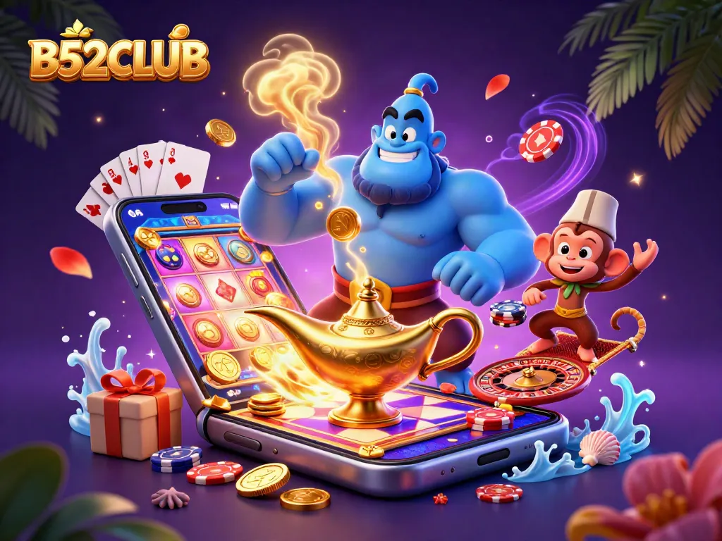 B52CLUB presents a vibrant casino scene with a muscular genie, monkey, and poker elements bursting with excitement.