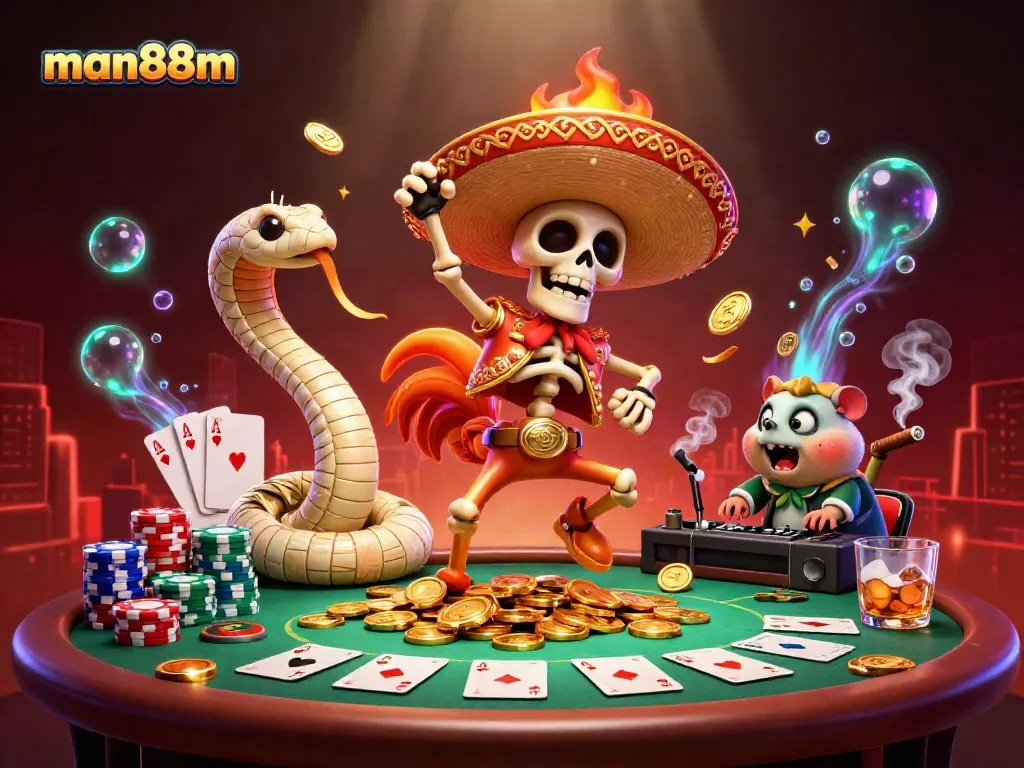 Experience the excitement at man88m with a vibrant 3D casino scene featuring dynamic gaming action.