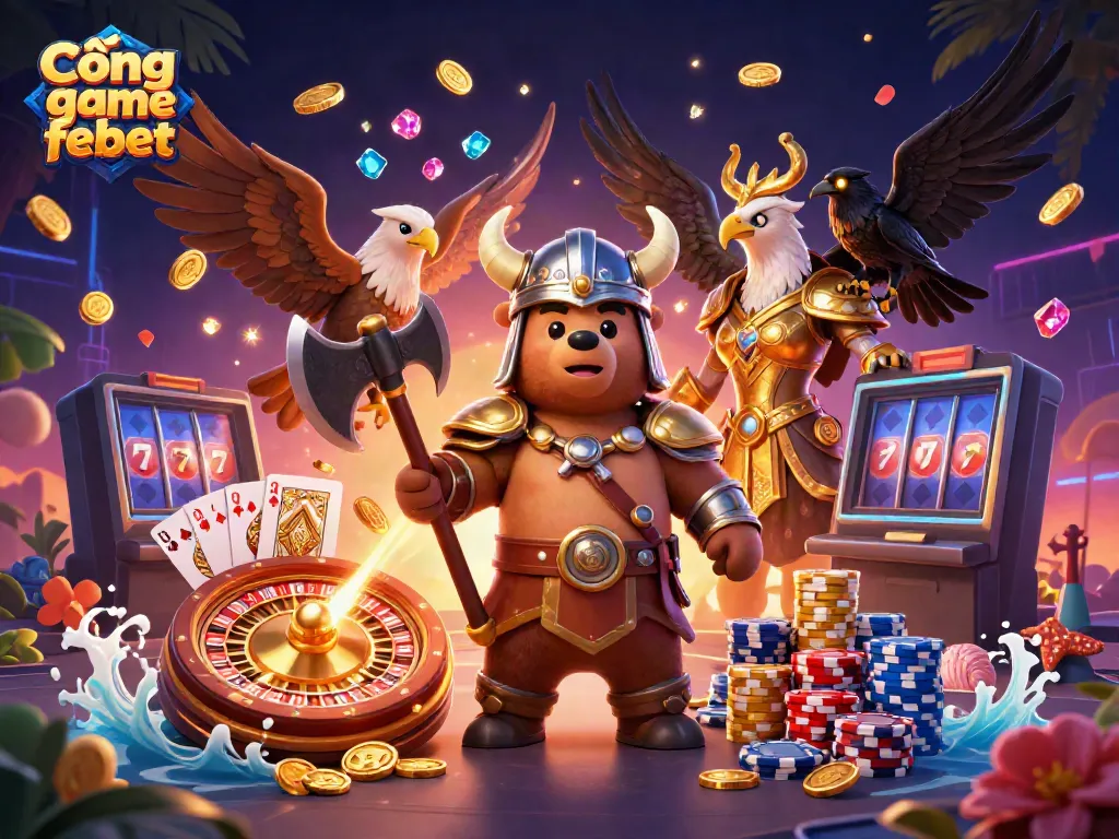 Experience excitement at Cổng game febet with colorful casino elements and dynamic 3D characters.