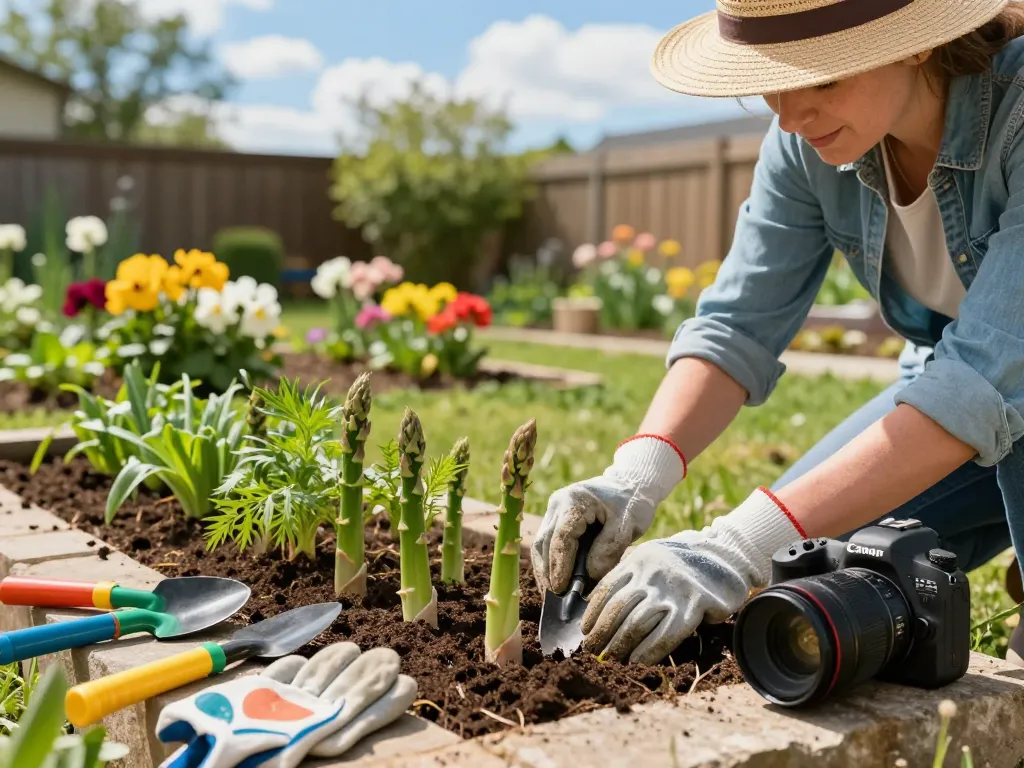 Gardener planting grünspargel pflanzen kaufen in a vibrant spring garden.
