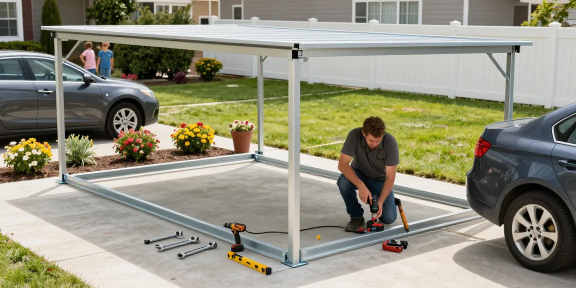 Hochwertiger Carport wird montiert, um Autos vor Witterung zu schützen.